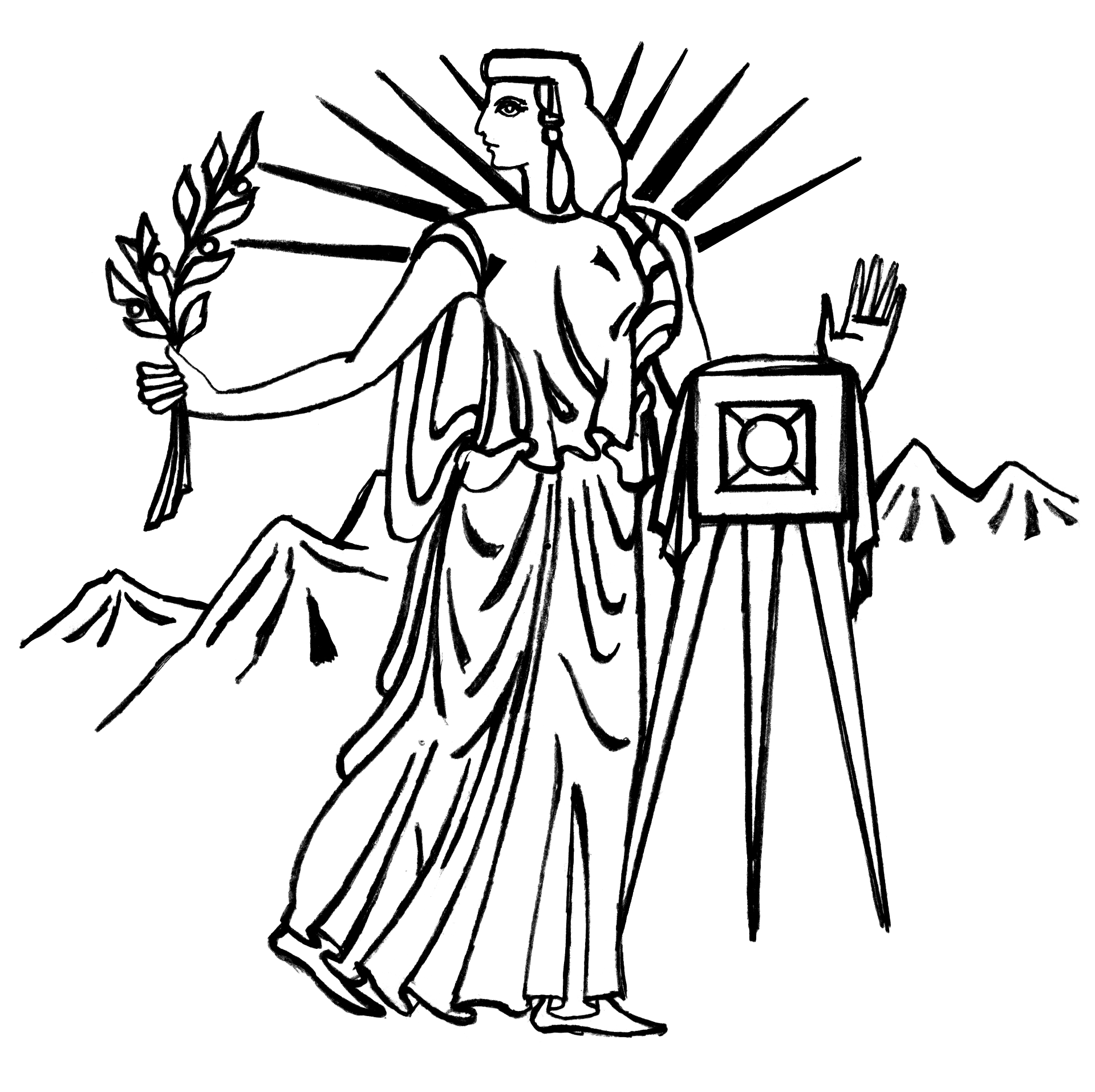 Illustrated emblem featuring an allegorical female figure and early camera, inspired by historical photographic culture in Tbilisi